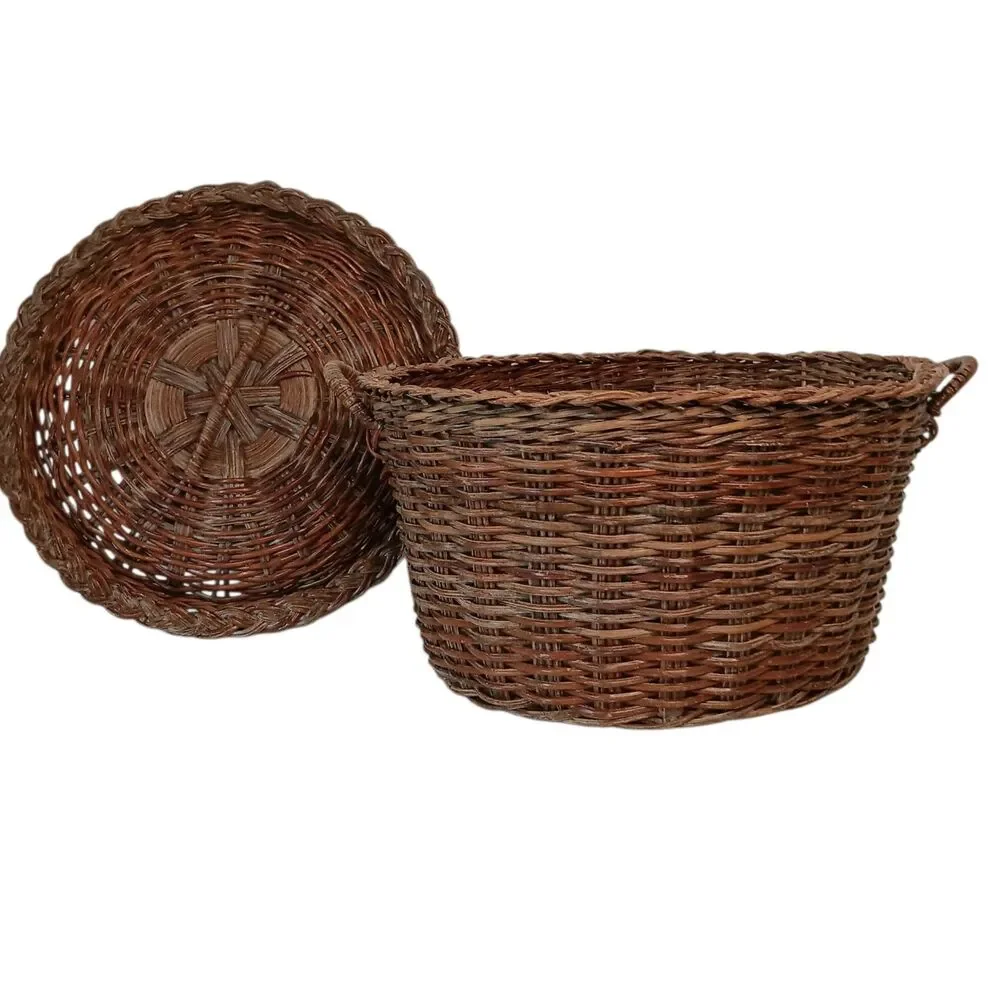 Vintage Wicker Rattan Basket With Lid Reddish Brown 12